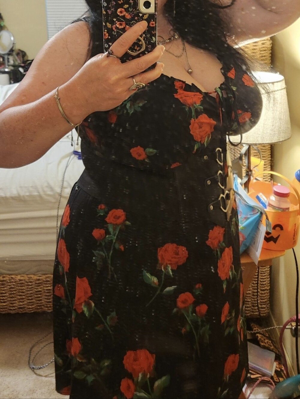 SHEIN Curve Black Midi Slip Dress w/Red Rose Print Ruffule & Tie Detail - Picture 10 of 11